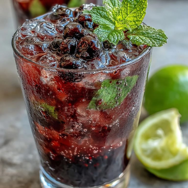 Bubbly Tangy Blackcurrant Mojito served over ice in a highball glass, garnished with mint sprigs and blackcurrants for a refreshing twist.