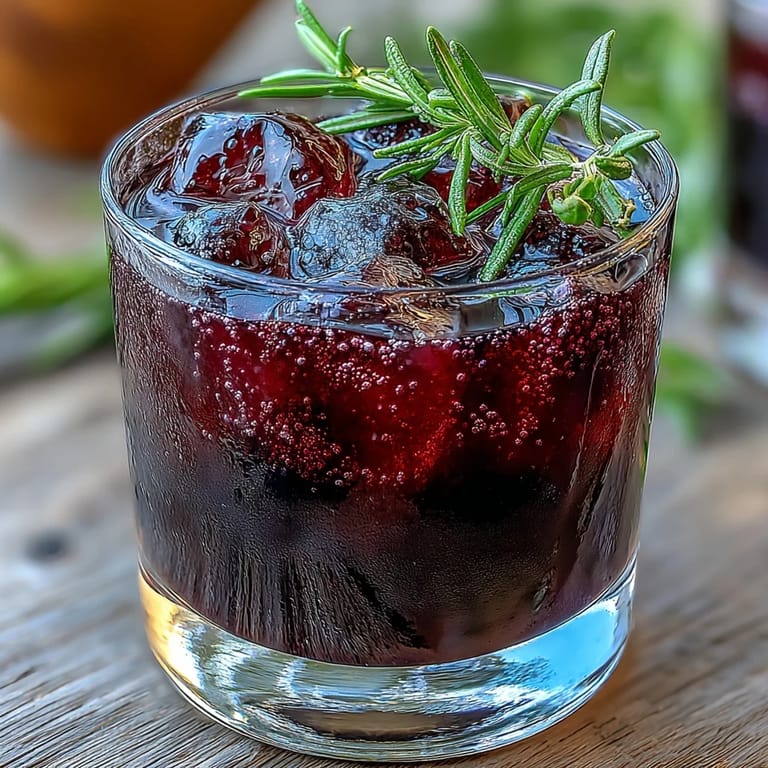 Enjoying the Black Currant Rosemary Cocktail, a tart and herbal beverage served over ice with a striking deep red hue.