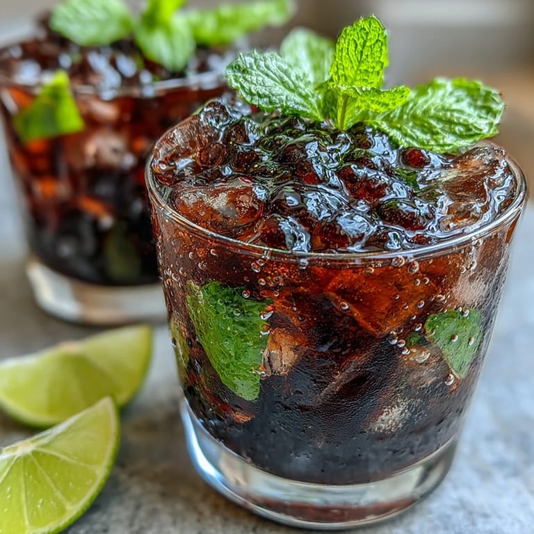 Homemade Black Currant Mojito cocktail topped with soda water and garnished with fresh mint sprigs and berries.