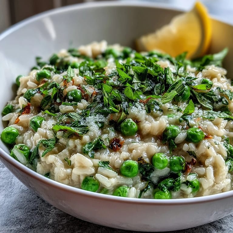 Velvety pea and mint risotto, finished with butter and Parmesan, perfect for a fresh and elegant vegetarian dinner party.