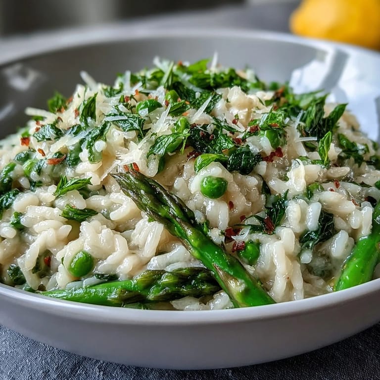Aromatic Parmesan risotto with vibrant green peas and mint, served in a white bowl with extra cheese on top.