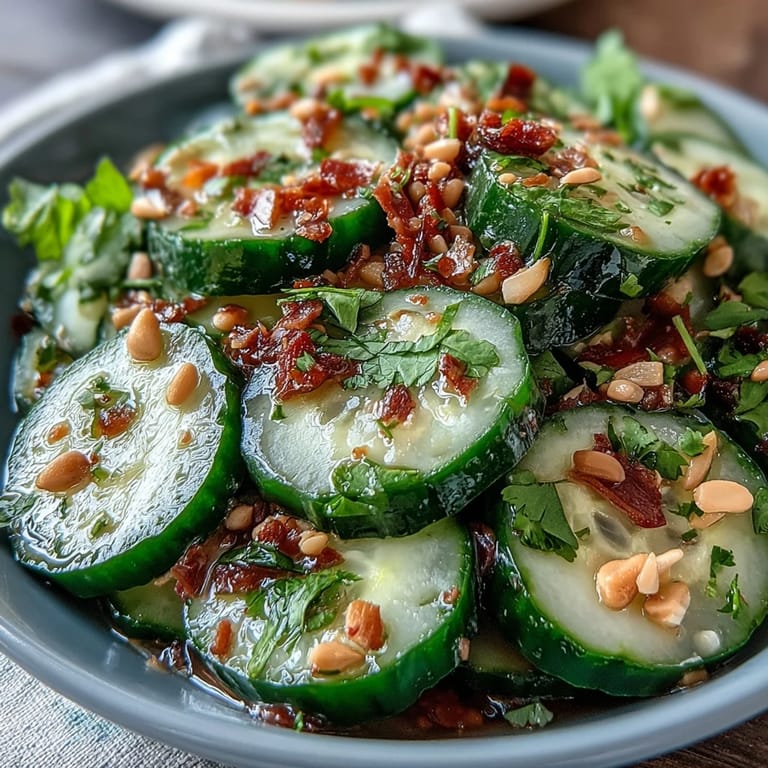 Tangy sesame rice vinegar cucumber salad, featuring thinly sliced cucumbers and a zesty Asian-inspired dressing, perfect for warm days.
