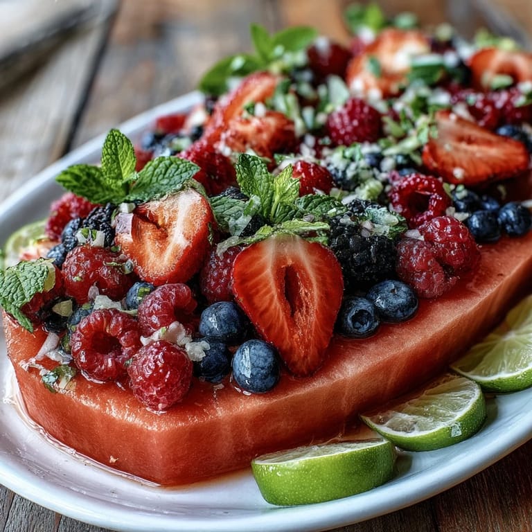Elegant watermelon boat overflowing with juicy berries and mint, perfect for festive party displays.