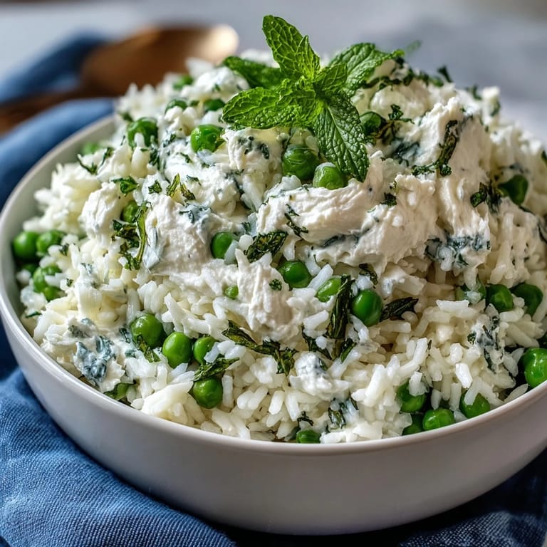 Fluffy white rice pilaf infused with sweet spring peas and bright mint, offering a refreshing, vegetarian side for any meal.