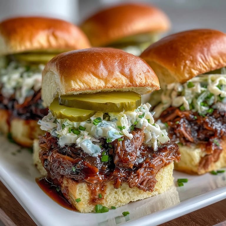 Tender beef brisket slow-cooked to perfection, layered on fluffy buns with zesty BBQ sauce and crunchy coleslaw.