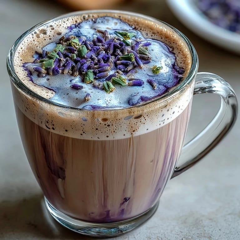 Delicate lavender latte art atop steamed oat milk, blending fragrant floral notes with bold espresso in a comforting, vegan-friendly beverage.