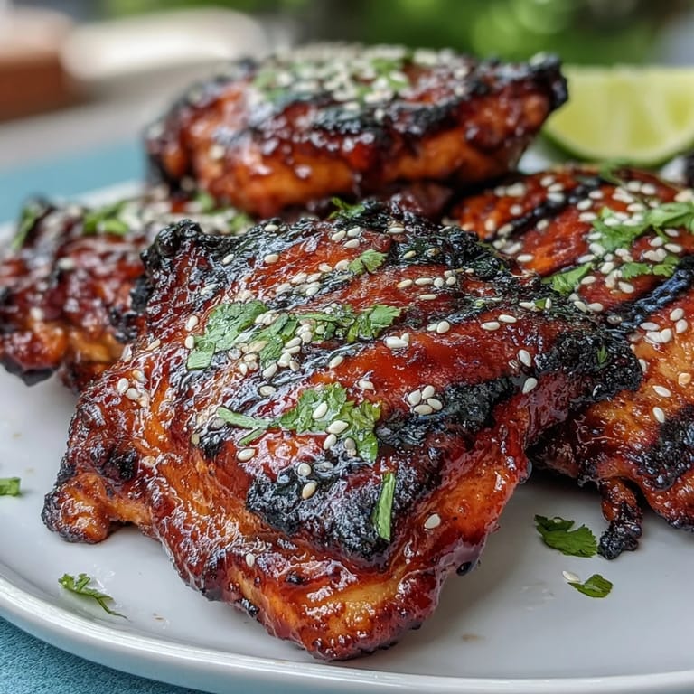 Sweet and spicy honey sriracha chicken thighs sizzle on the grill, basted to a glossy, sticky finish.