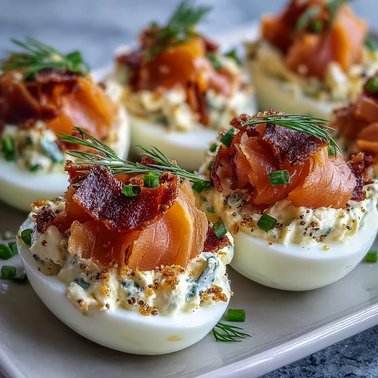 Elegant appetizer featuring smoked salmon deviled eggs garnished with everything seasoning for a bold, brunch-worthy bite.