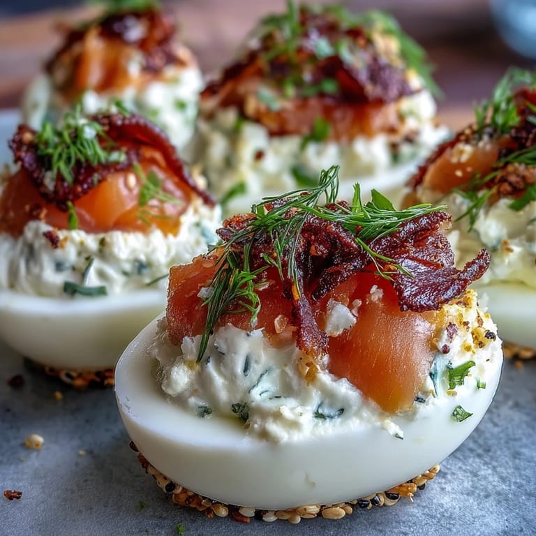 Classic deviled eggs elevated with smoked salmon and crunchy everything bagel topping, perfect for parties and holiday spreads.