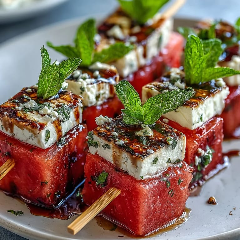 Vibrant watermelon feta mint skewers, a Mediterranean-inspired party snack, garnished with balsamic glaze and cracked black pepper.