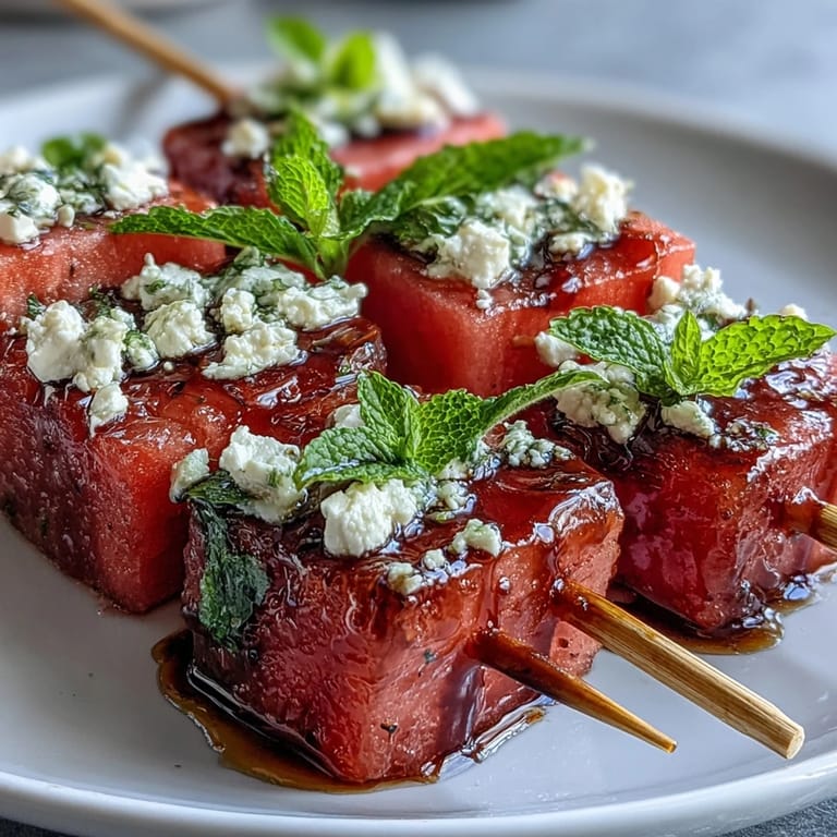 Colorful watermelon feta mint skewers arranged on a platter, offering a sweet-salty bite perfect for summer gatherings.