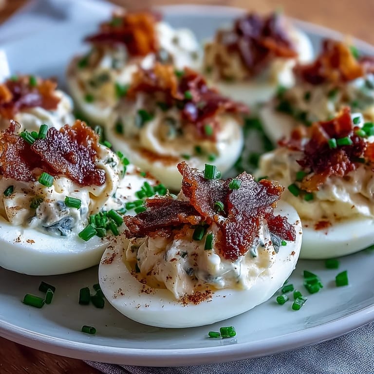 Deviled eggs featuring smoky bacon crumbles and zesty ranch dressing, topped with fresh chives for a classic American party dish.