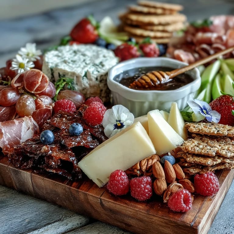 Colorful spring charcuterie board with edible flowers, fruits, nuts, and gluten-free crackers, offering a beautiful and flavorful appetizer spread.