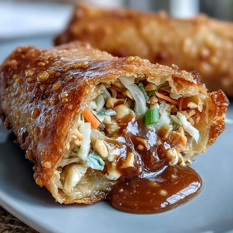 Delicious vegetarian spring rolls served with a creamy, spicy peanut dipping sauce, perfect for appetizers or light meals.  