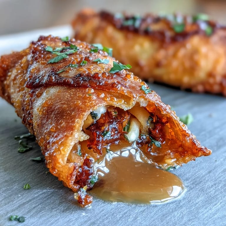 Golden fried spring rolls stuffed with cabbage, carrots, and noodles, paired with rich peanut sauce for dipping.