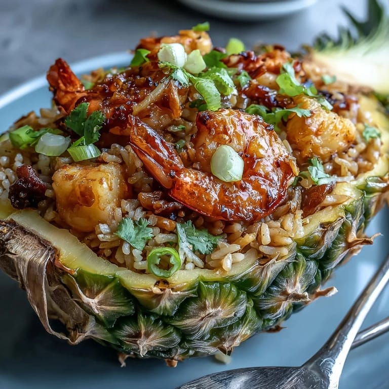 Golden pineapple fried rice featuring tender shrimp, crisp vegetables, and fragrant jasmine rice, beautifully presented in a carved pineapple boat with roasted cashews and green onions.