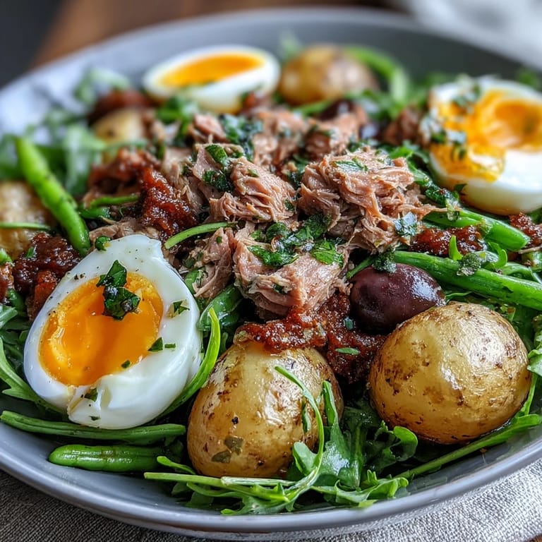 Colorful Niçoise salad featuring seared tuna, crisp green beans, baby potatoes, cherry tomatoes, and olives.  