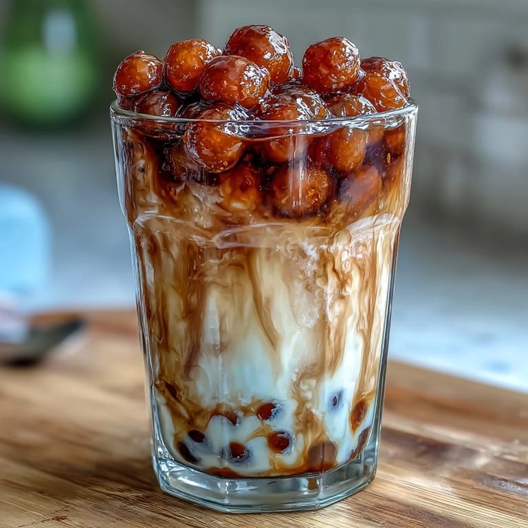 Two glasses of homemade brown sugar bubble tea topped with tapioca pearls and drizzled syrup.  