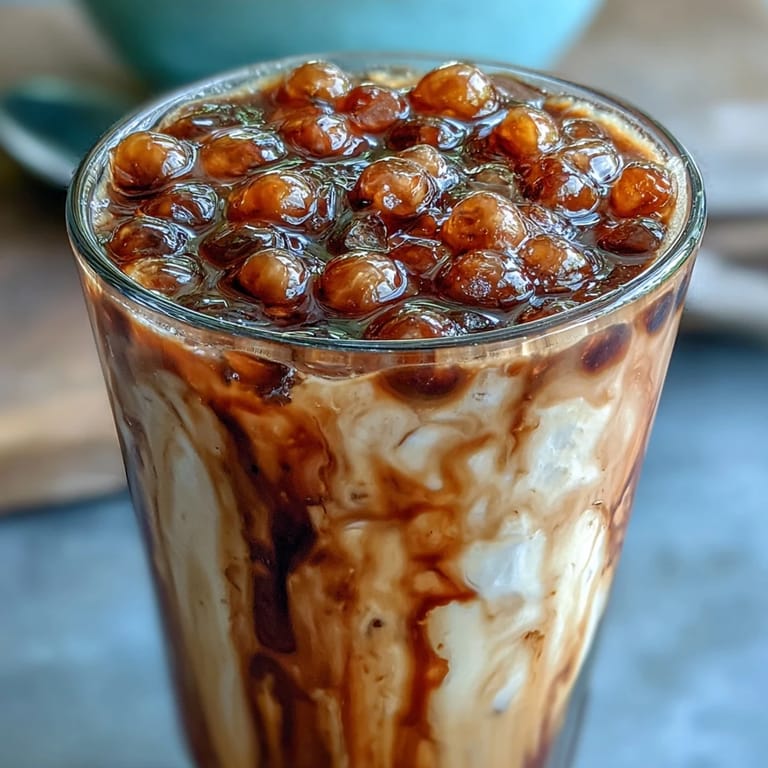 Refreshing brown sugar milk tea layered with soft tapioca pearls and a glossy brown sugar glaze.