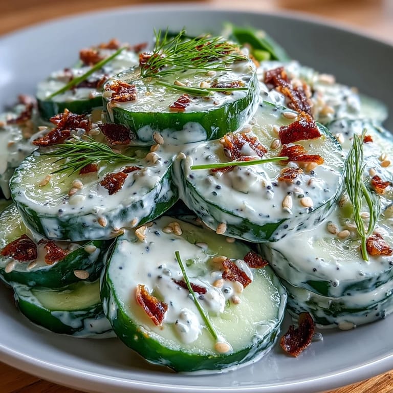 Refreshing TikTok cucumber salad, creamy dressing and savory bagel crunch.