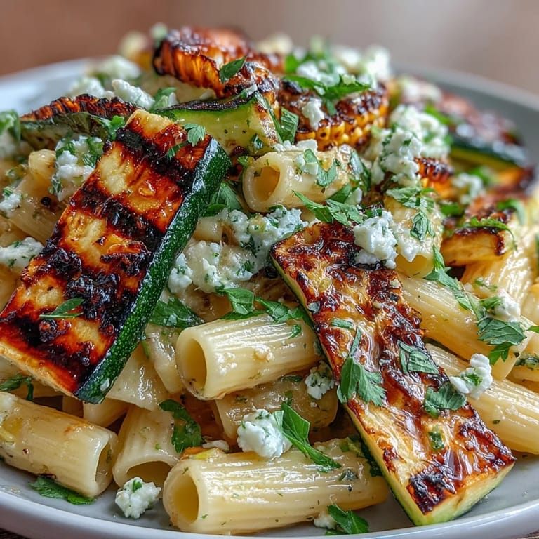 Colorful pasta salad loaded with fresh corn, zucchini, and tangy Cotija.