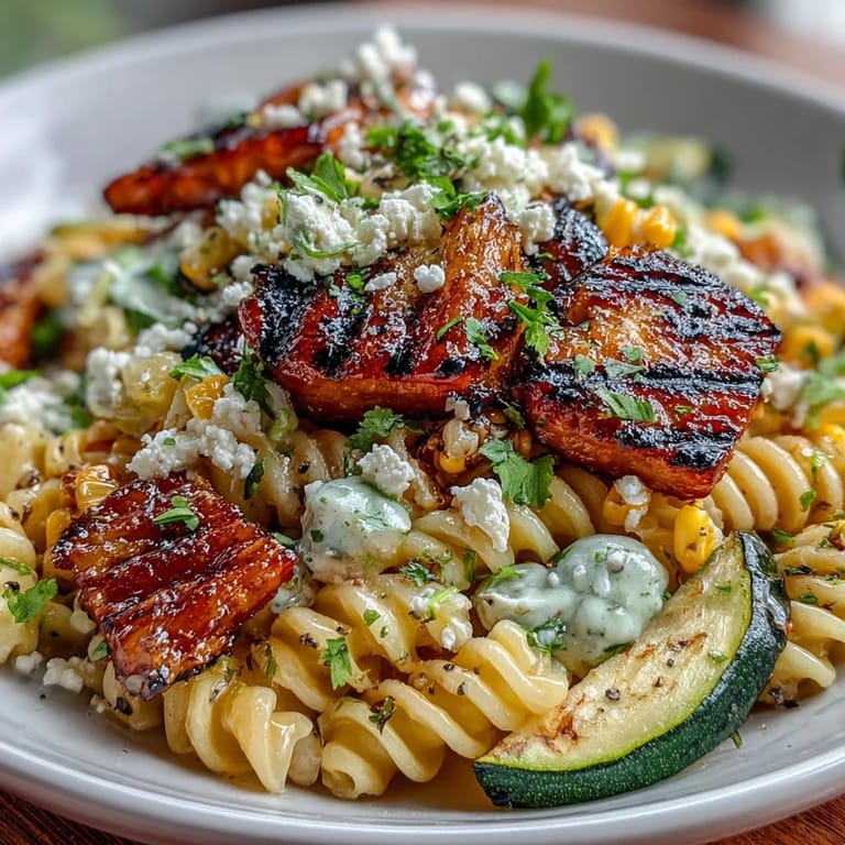 Smoky grilled zucchini and sweet corn shine in this zesty pasta salad.