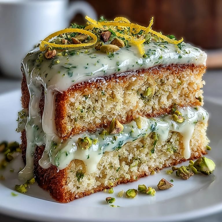 Tender lemon layers crowned with bright lemon-pistachio frosting, perfect for celebrations.