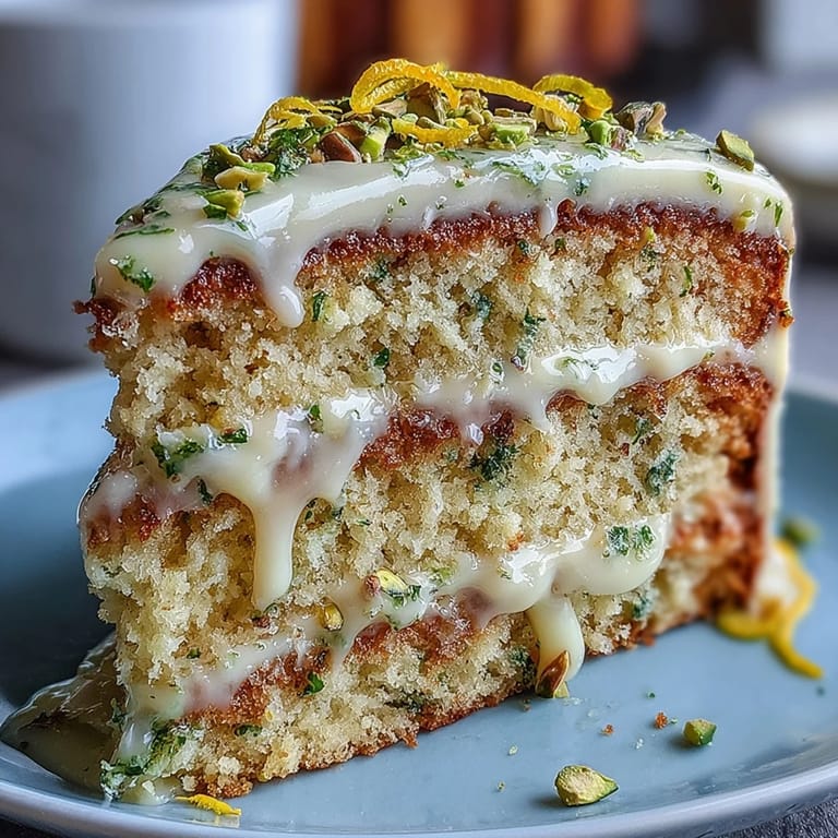Delightful layered cake showcasing zesty lemon and nutty pistachio, a festive dessert.