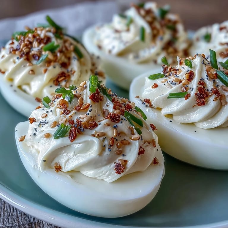 Deviled eggs loaded with creamy filling and everything bagel seasoning, ready to serve.