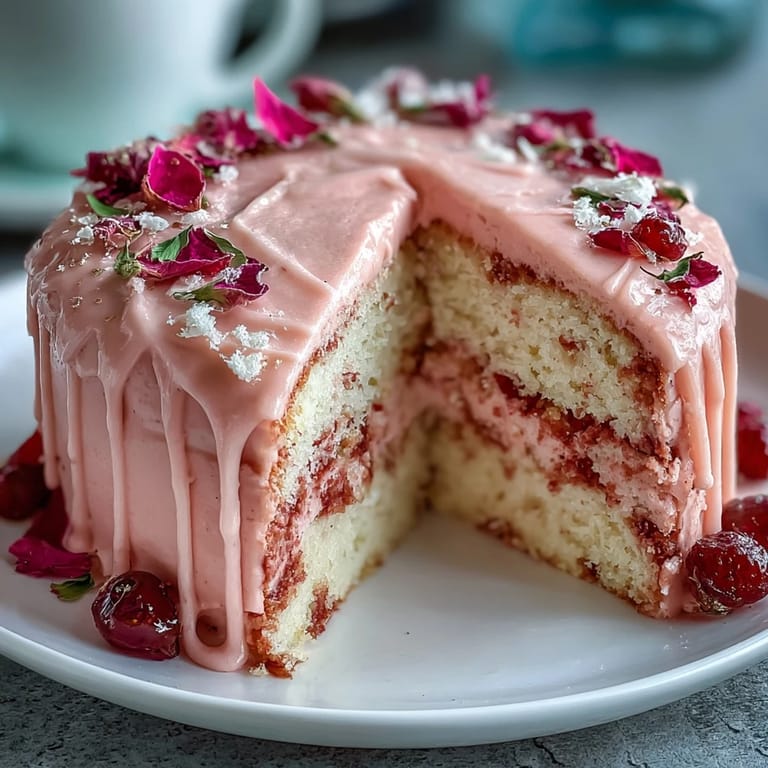 Rosé-infused pink velvet cake with a luxurious gold drip, perfect for bridal showers or elegant celebrations.  