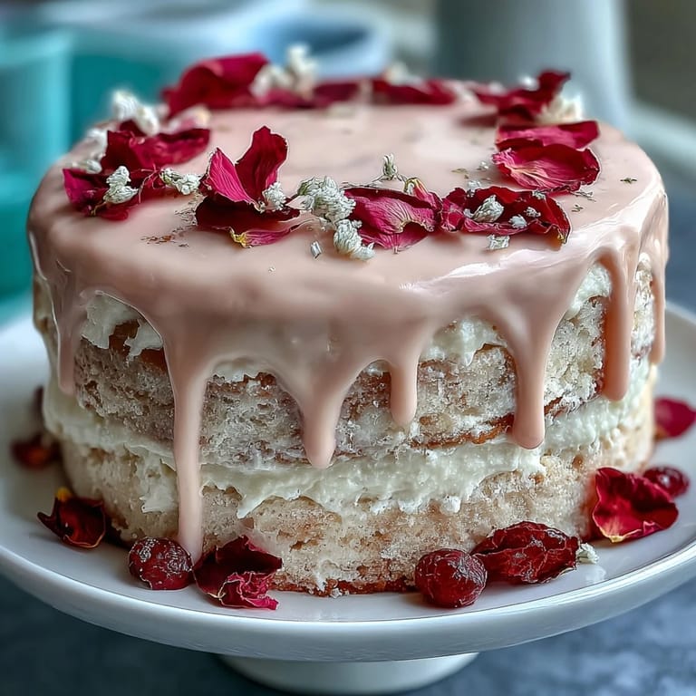 Stunning rosé velvet cake featuring a shimmering edible gold drip, ideal for sophisticated bridal shower dessert tables.