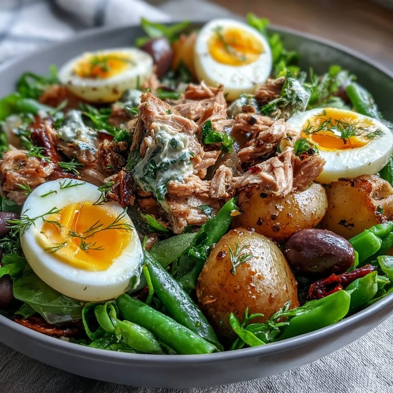 Fresh Niçoise salad with creamy potatoes, green beans, tuna, and soft-boiled eggs, drizzled with zesty vinaigrette.