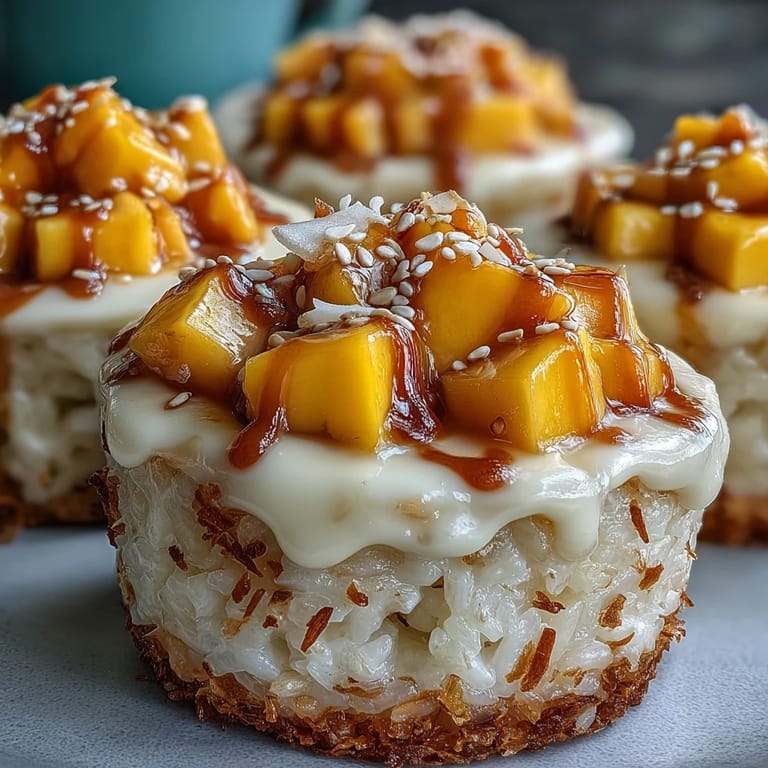 Individual Coconut Mango Sticky Rice Cups, showcasing creamy rice and fresh fruit.