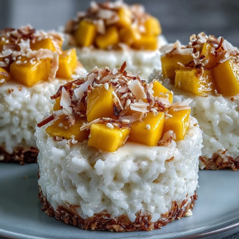 Sweet Coconut Mango Sticky Rice Cups finished with toasted seeds and mint.