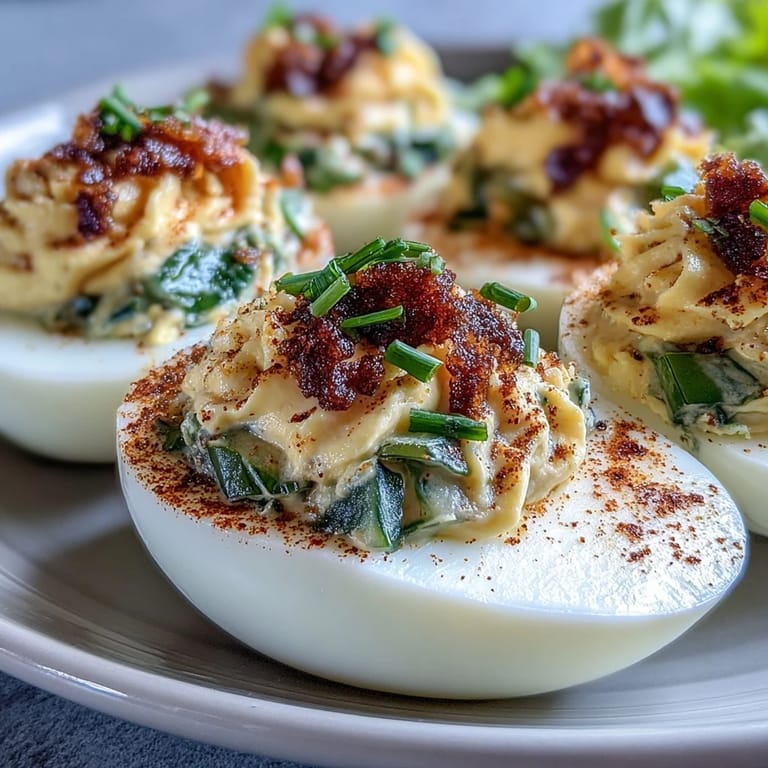 Deviled eggs featuring sweet pickle relish, sprinkled with paprika and chives.