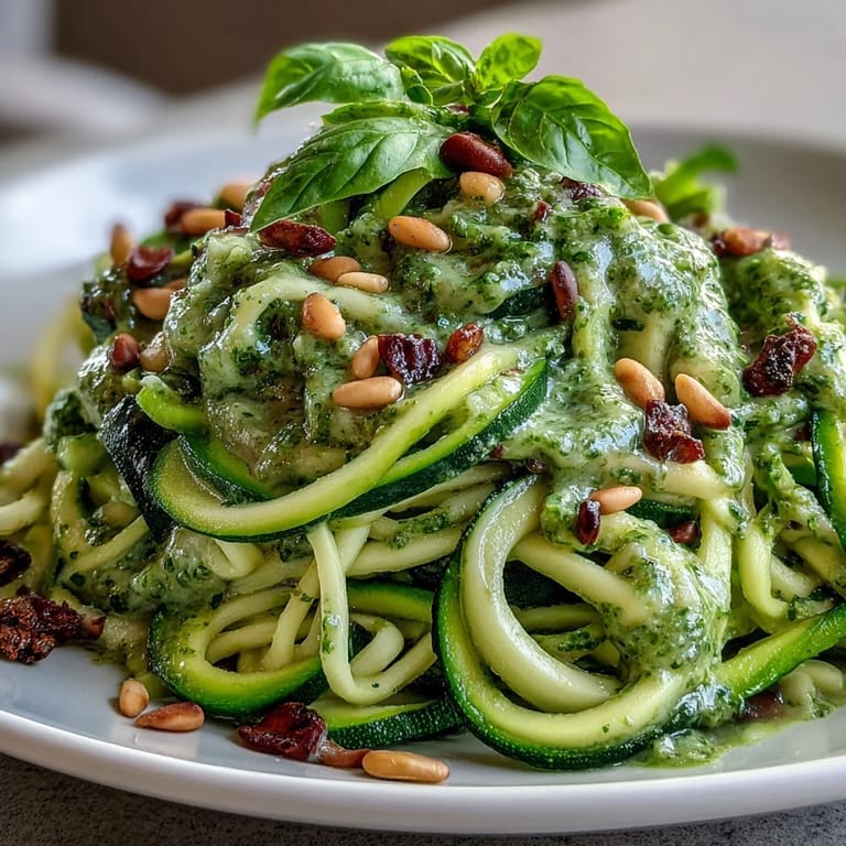 Light and healthy Zucchini Noodles with Avocado Pesto showcasing a rich, herby coating.