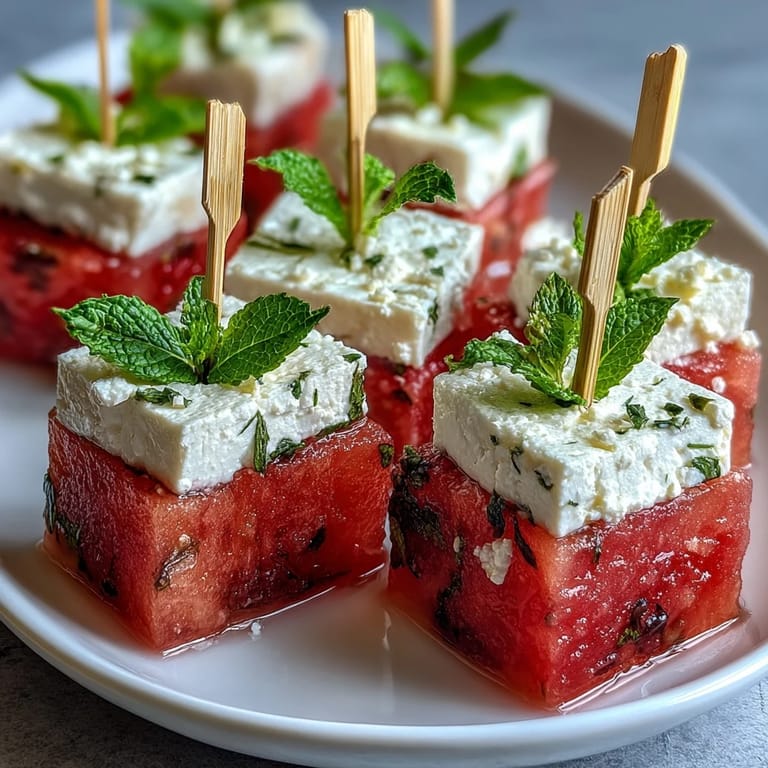 Colorful watermelon feta bites on toothpicks, a quick, elegant, and juicy appetizer.