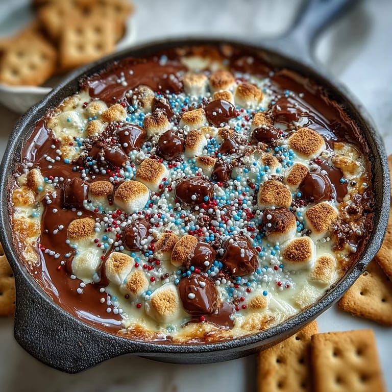 Warm, bubbly 4th of July layered S'mores Dip in a rustic cast iron skillet.