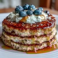 Fluffy Protein Power Pancakes stacked high, topped with fresh berries and a drizzle of warm maple syrup for a hearty breakfast.  