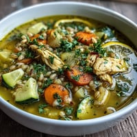 Golden-hued Soothing Turmeric Chicken With Pearl Barley soup in a rustic bowl, garnished with fresh parsley and lemon wedges.