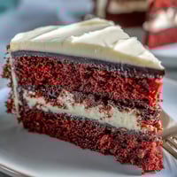 Close-up of a slice of Betty Boop Cake revealing velvety red crumb layers and smooth tangy cream cheese buttercream.