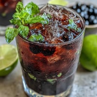 A chilled glass of Tangy Blackcurrant Mojito with fresh mint leaves, lime slices, and vibrant berries ready to sip.
