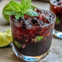 A tall glass of Black Currant Mojito packed with crushed ice, fresh mint, and a lime wheel garnish.