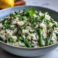Creamy spring pea and mint risotto with Parmesan, garnished with fresh herbs and lemon zest for a bright, seasonal flavor.