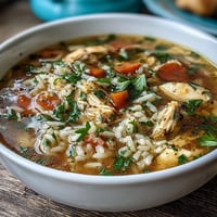 Creamy Chicken and Rice Soup with tender chicken and hearty rice in a savory broth, perfect for a cozy dinner.