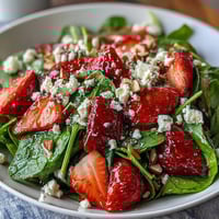 Fresh strawberry spinach salad with poppyseed dressing in a white bowl, garnished with sliced almonds and feta cheese. Bright red strawberries and vibrant greens create a colorful, healthy dish perfect for spring.