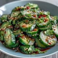 Crisp Asian cucumber salad with sesame and rice vinegar, tossed with green onions and toasted sesame seeds for a refreshing bite.