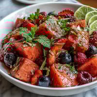 Fresh watermelon carving board brimming with berries, a vibrant summer fruit platter for gatherings.