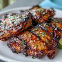 Honey sriracha grilled chicken thighs with caramelized glaze and smoky grill marks, served hot off the barbecue.