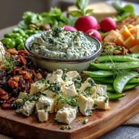Fresh spring charcuterie board with radishes, peas, and herb dip, arranged for a colorful appetizer spread.